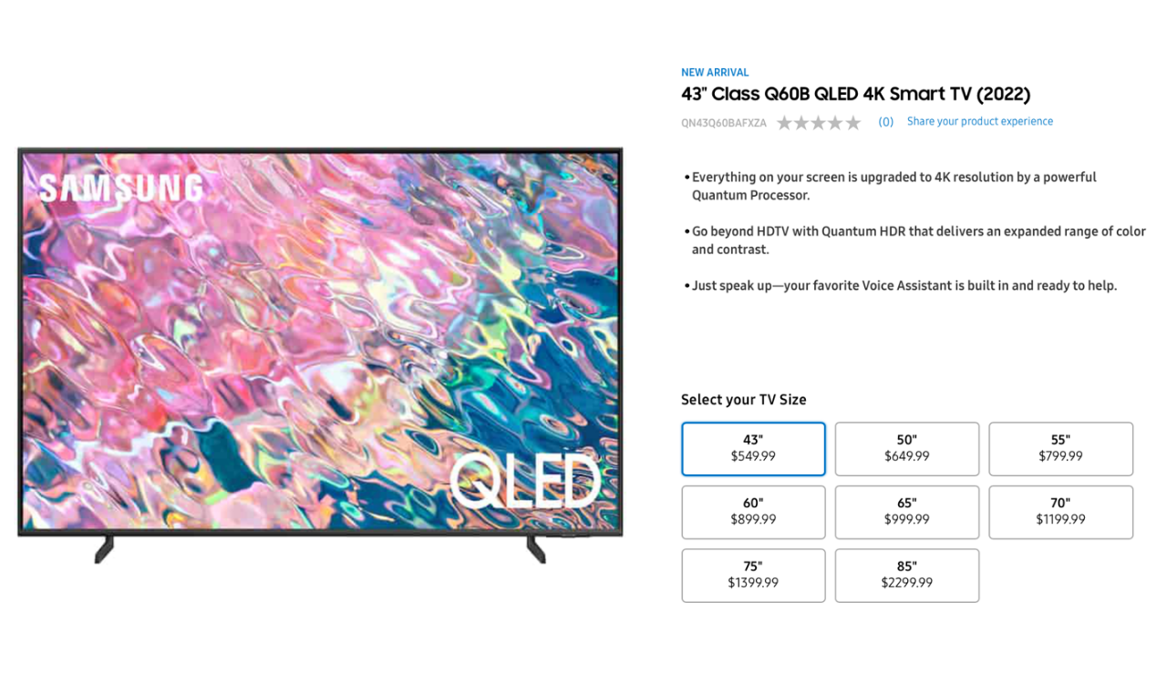 Samsung 2022 Q60B series TVs US Price