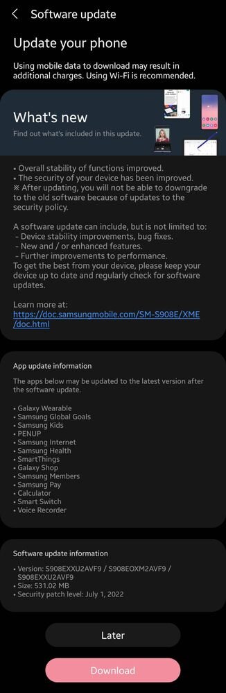 Galaxy S22 Ultra updated with July 2022 patch