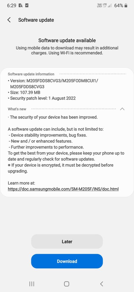 Galaxy M20 August 2022 Security Patch India
