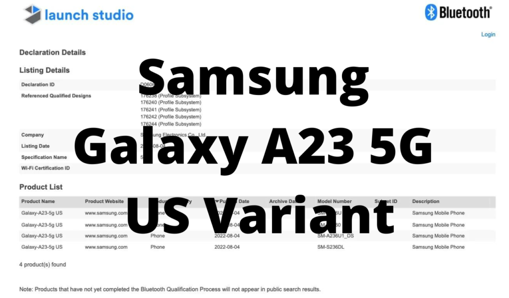 Samsung Galaxy A23 5G US variant Bluetooth SIG