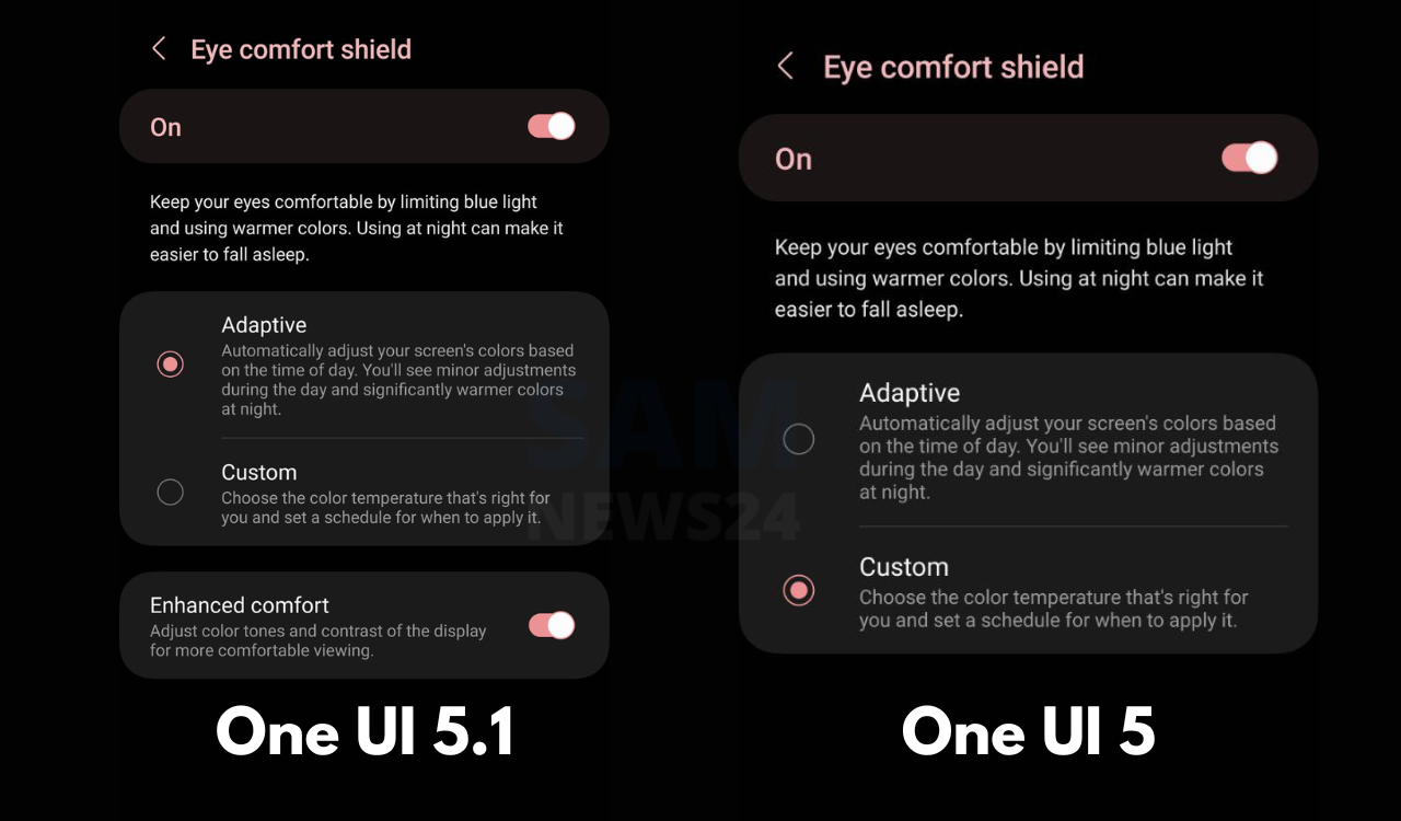 Check One UI 5.1 Eye comfort shield vs One UI 5