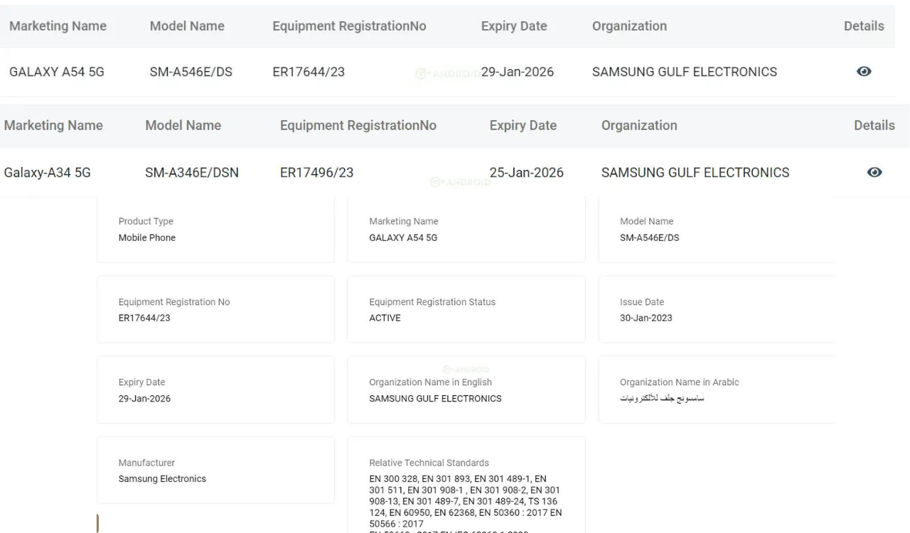 Galaxy A54 5G and A34 5G gains TDRA UAE Certificate