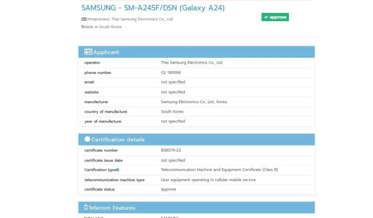 Samsung Galaxy A24 4G spotted on NBTC listing