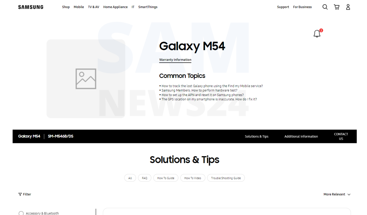 Samsung Galaxy M54 support page